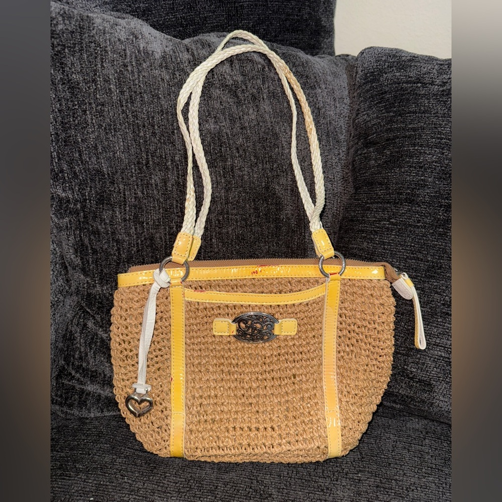 Brighton Woven Straw Handbag Purse Shoulder Bag Yellow + White Leather Accents